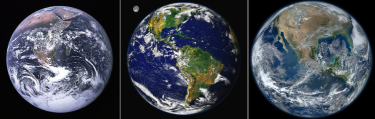 The "Blue Marble" through the generations from left (1972, 2000, and 2012). (Images: NASA)