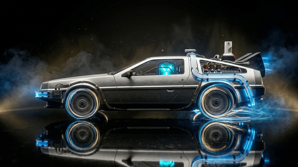 A futuristic silver car featuring a distinctive design and glowing blue accents, set against a dark and smoky background. The car reflects light, emphasizing its sleek shape and intricate details.