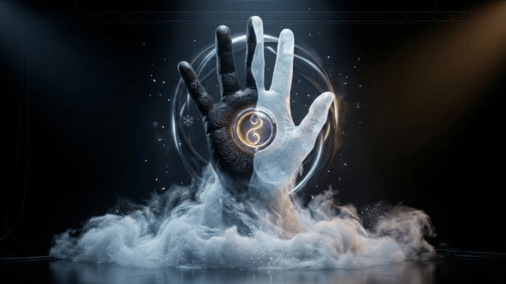 A visually striking image of two hands, one black and one white, emerging from swirling clouds. The hands are positioned facing each other with a glowing symbol in between, surrounded by a circular light effect.