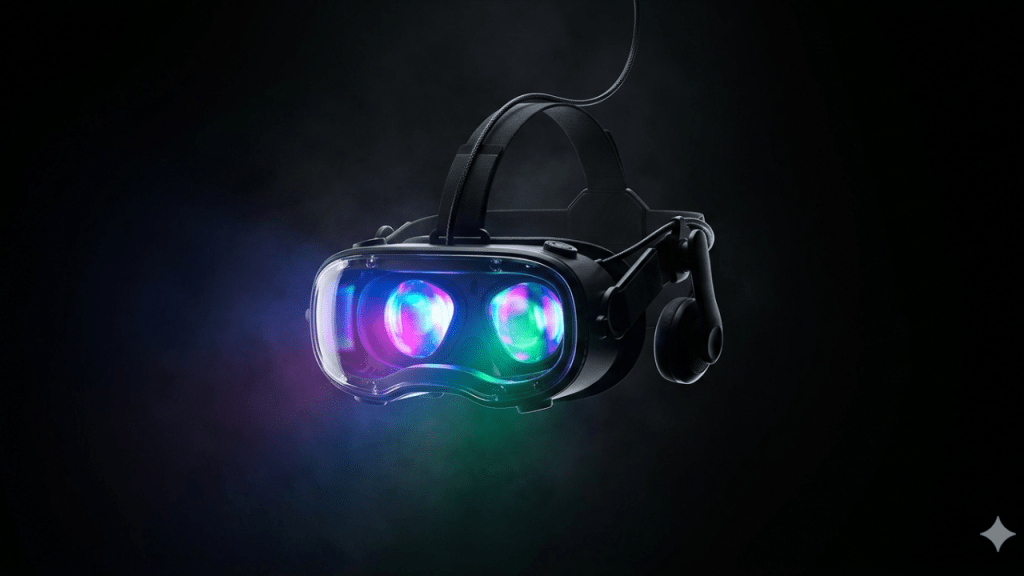 A pair of futuristic virtual reality goggles emitting colorful lights against a dark background.