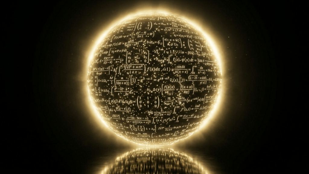 A glowing spherical object covered in mathematical equations and symbols, set against a dark background.