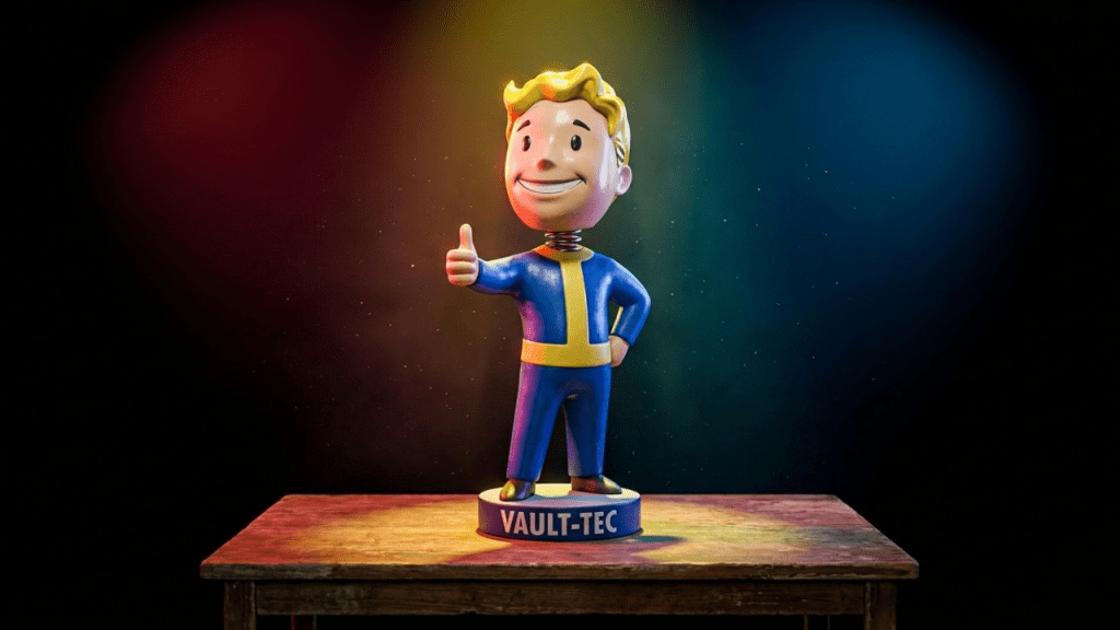 A colorful figurine of a character in a blue suit with a yellow stripe, giving a thumbs up, displayed on a wooden table with a spotlight effect in the background.