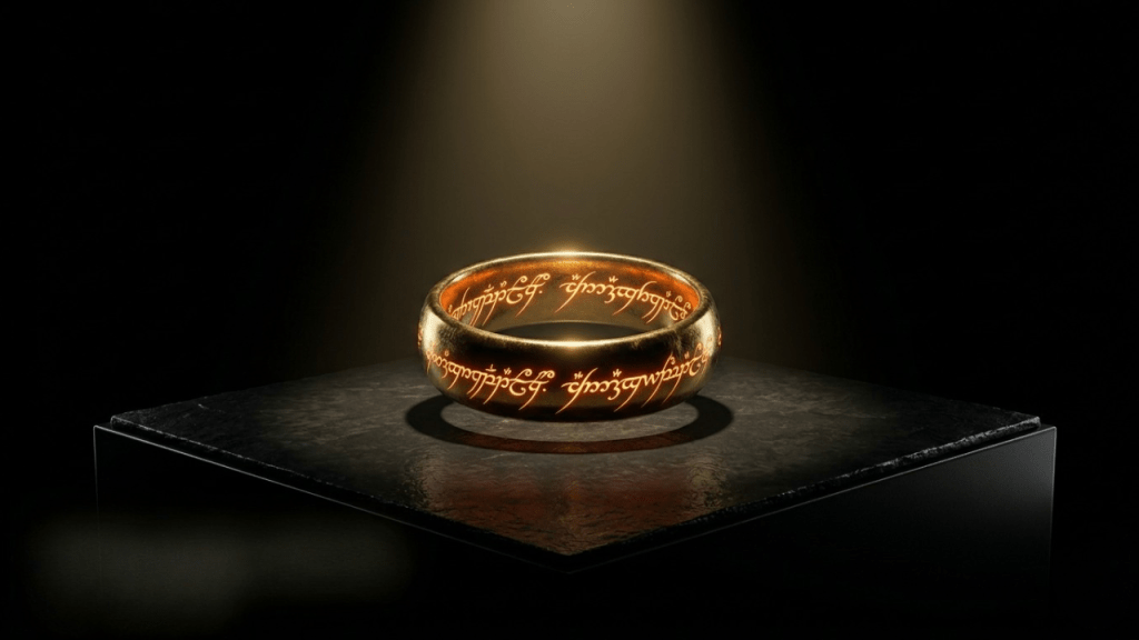 A close-up view of a gold ring with inscriptions, illuminated by a spotlight, resting on a dark pedestal.