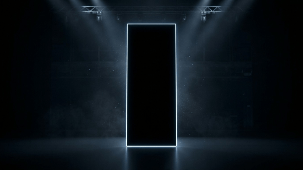 A tall, rectangular black structure surrounded by a glowing white outline, illuminated against a dark background with beams of light and subtle mist.