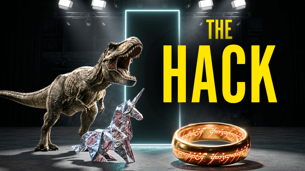 A T-Rex dinosaur roars beside a metallic origami unicorn and a glowing portal, with a prominent fantasy ring in the foreground, and the text 'THE HACK' in bold yellow letters.