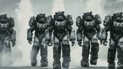 A group of armored robots marching in formation, with smoke in the background.