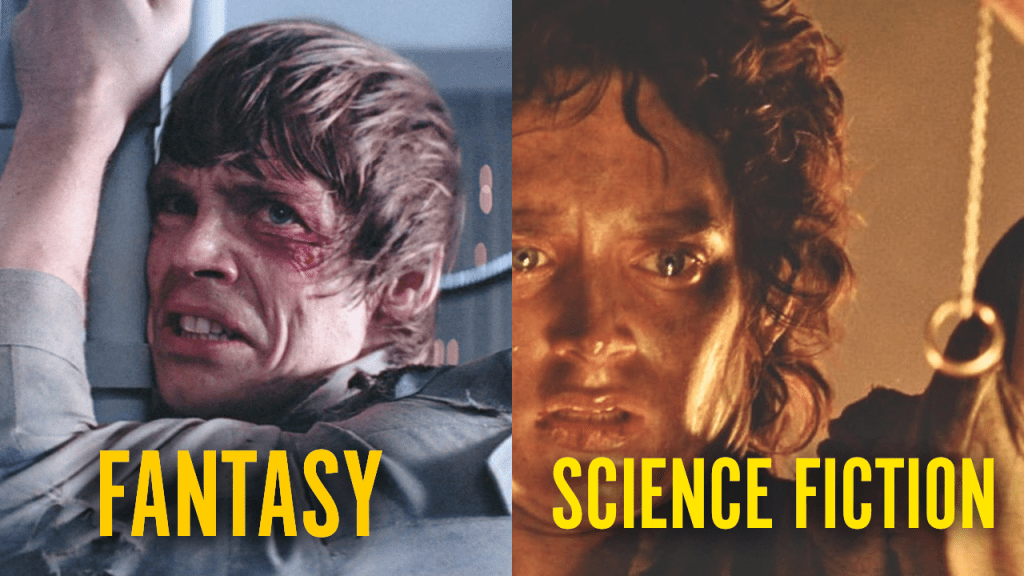 A split image contrasting scenes from fantasy and science fiction genres, with 'FANTASY' text above a distressed character on the left and 'SCIENCE FICTION' text above another concerned character on the right.